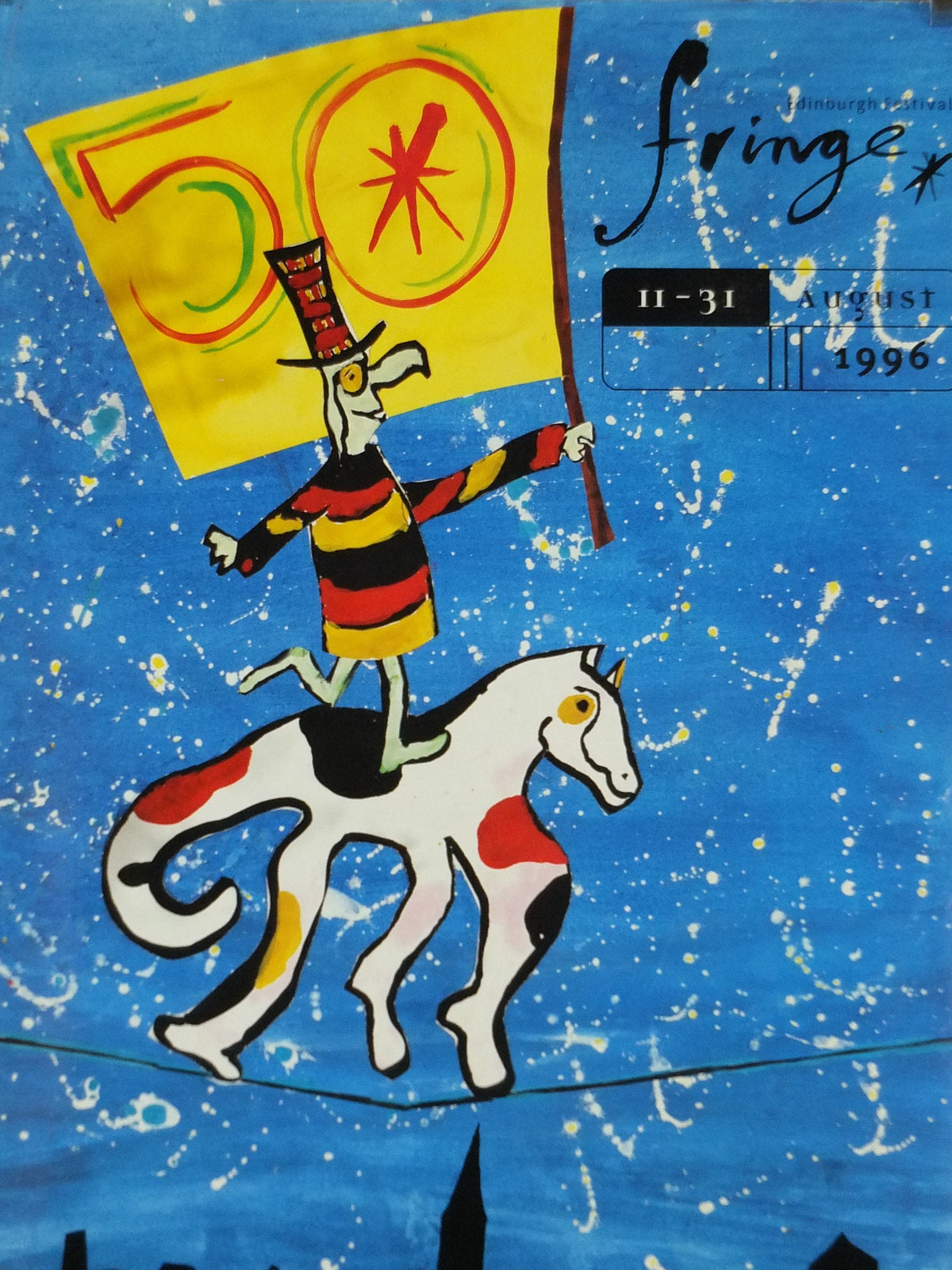 1996 Edinburgh Festival Fringe Poster, Arts Festival, man and horse on tightrope, artwork by Dawn Exley, wall art decor