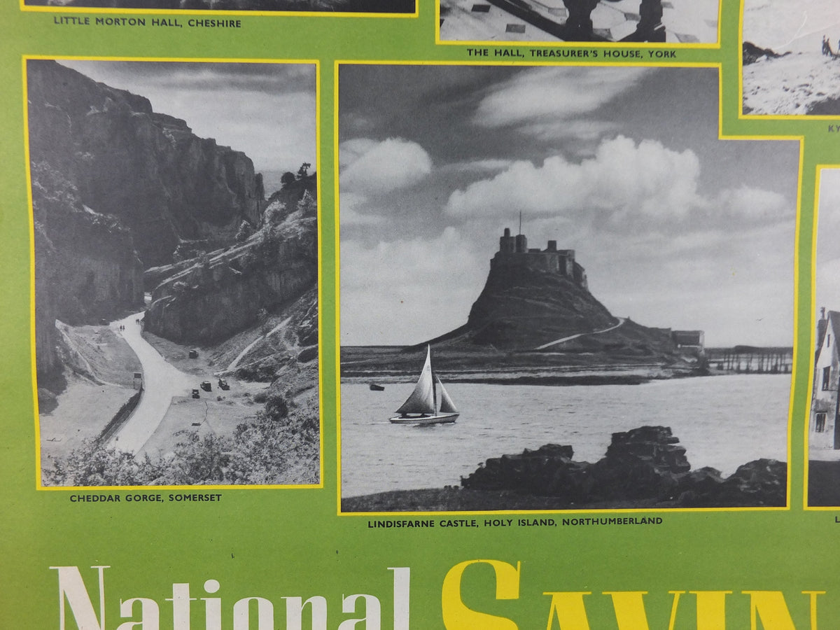 1948 Original National Savings Poster, The National Trust, Bodium Castle, Cheddar Gorge, Lindisfarne Castle, England, wall art retro decor