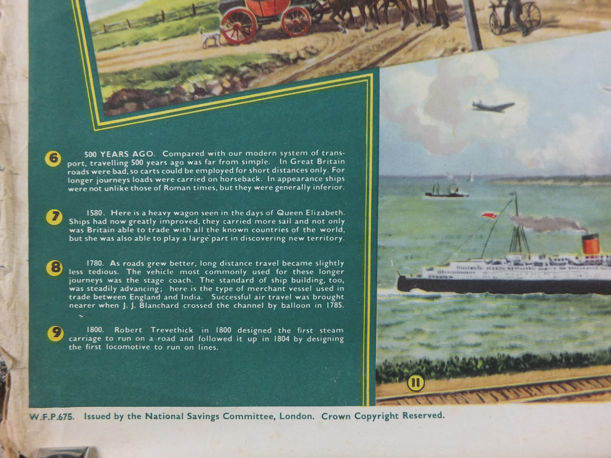 1948 Original National Savings Poster, Planes, Trains, Automobiles, Transport through the Ages, England, wall art retro decor