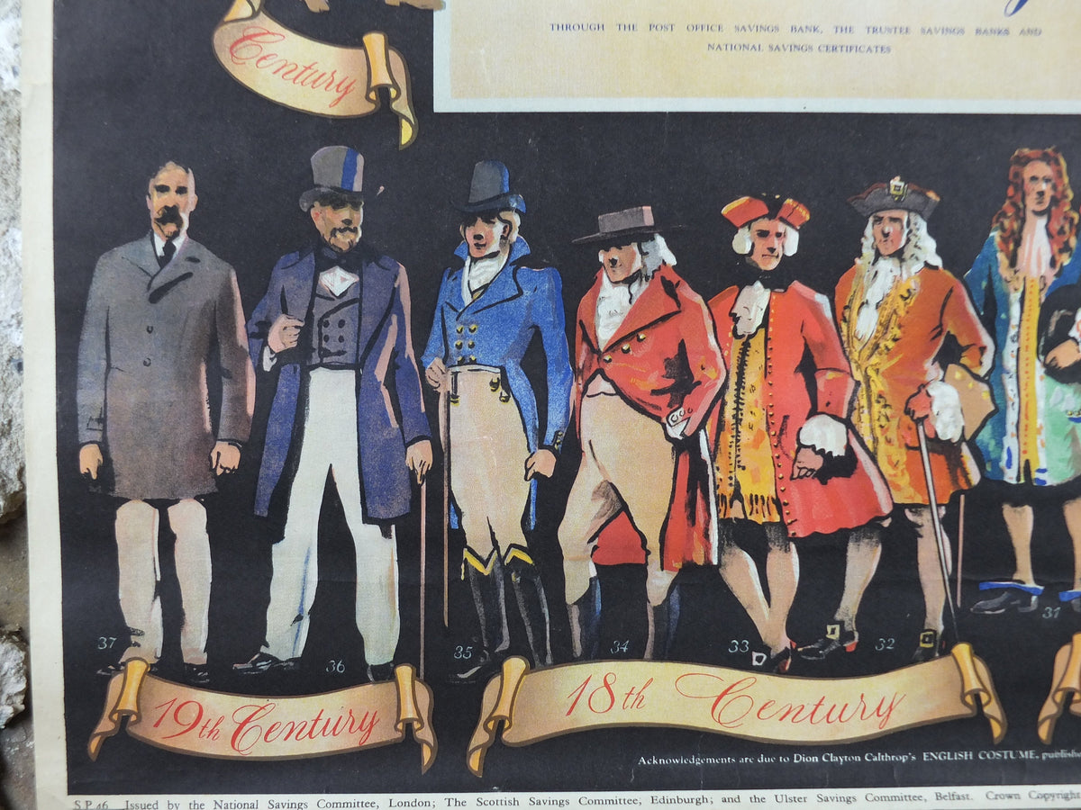 1948 Original National Savings Poster, historical costumes, mens fashion through the years, England, wall art retro decor