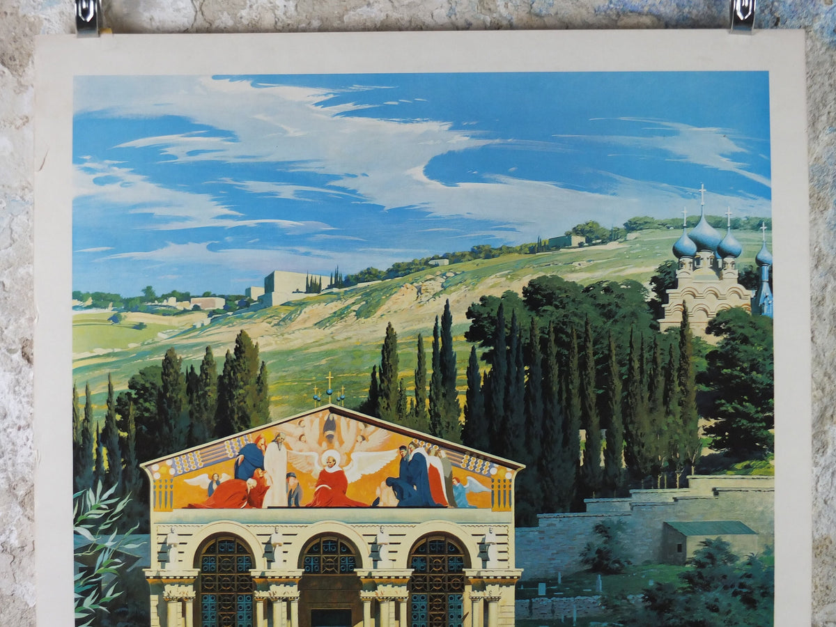 1960s The Holy Land Poster, Jerusalem, Church of All Nations in Gethsemane Garden by Conger Metcalf, Travel tourism vacation wall art decor