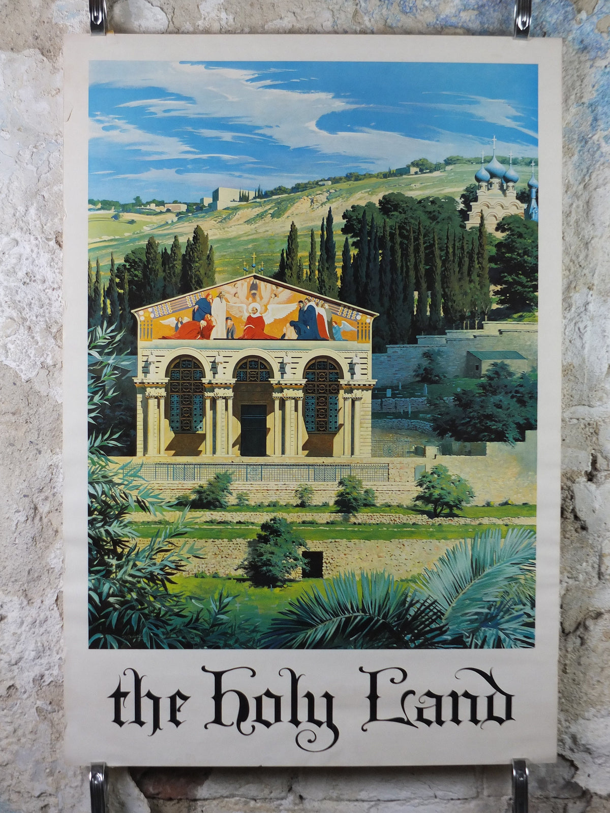 1960s The Holy Land Poster, Jerusalem, Church of All Nations in Gethsemane Garden by Conger Metcalf, Travel tourism vacation wall art decor