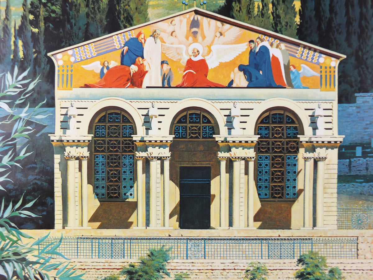 1960s The Holy Land Poster, Jerusalem, Church of All Nations in Gethsemane Garden by Conger Metcalf, Travel tourism vacation wall art decor