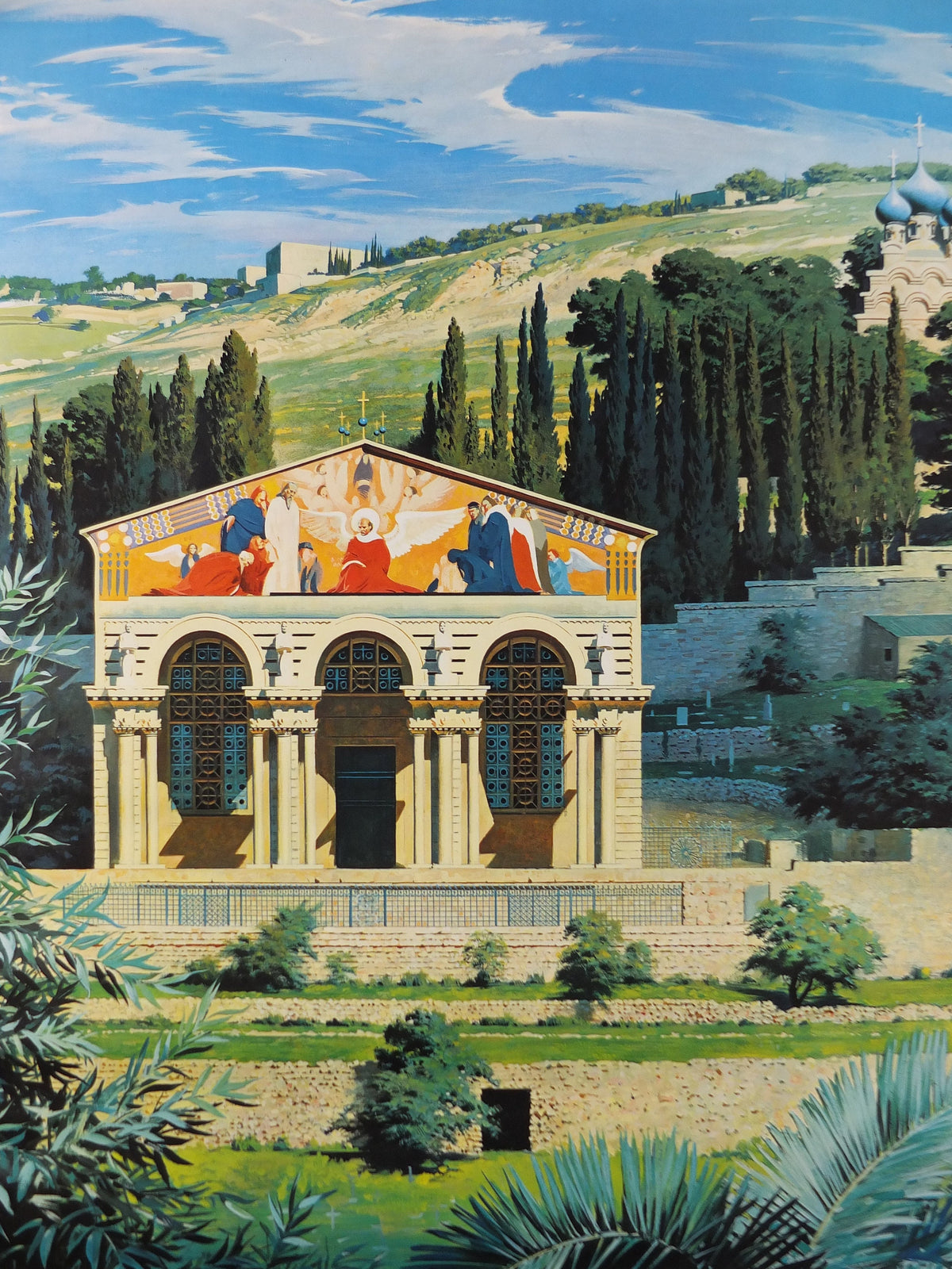 1960s The Holy Land Poster, Jerusalem, Church of All Nations in Gethsemane Garden by Conger Metcalf, Travel tourism vacation wall art decor