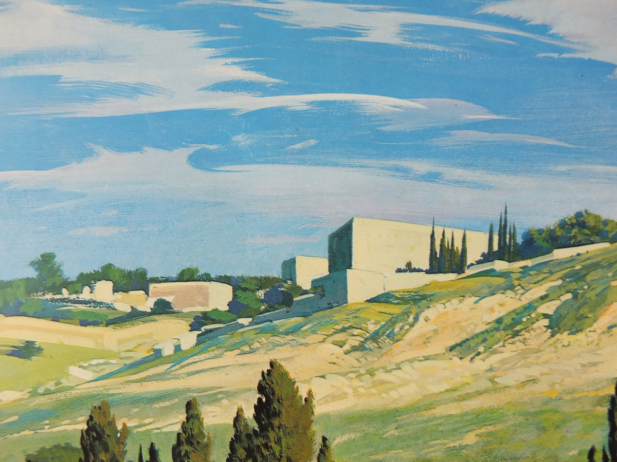 1960s The Holy Land Poster, Jerusalem, Church of All Nations in Gethsemane Garden by Conger Metcalf, Travel tourism vacation wall art decor