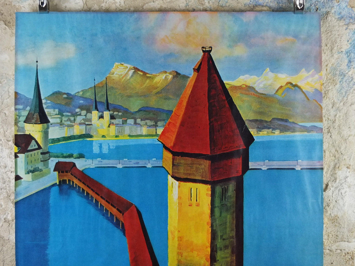 1930s Lucerne Poster, Switzerland, Lake, Kapellbrücke covered bridge, River Reuss, by Otto Landolt, Travel tourism vacation wall art decor