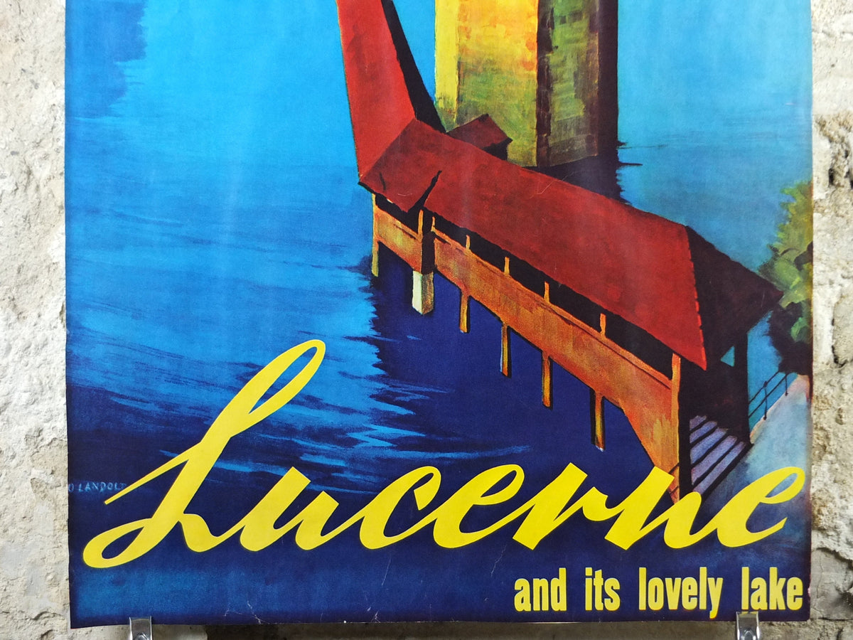 1930s Lucerne Poster, Switzerland, Lake, Kapellbrücke covered bridge, River Reuss, by Otto Landolt, Travel tourism vacation wall art decor