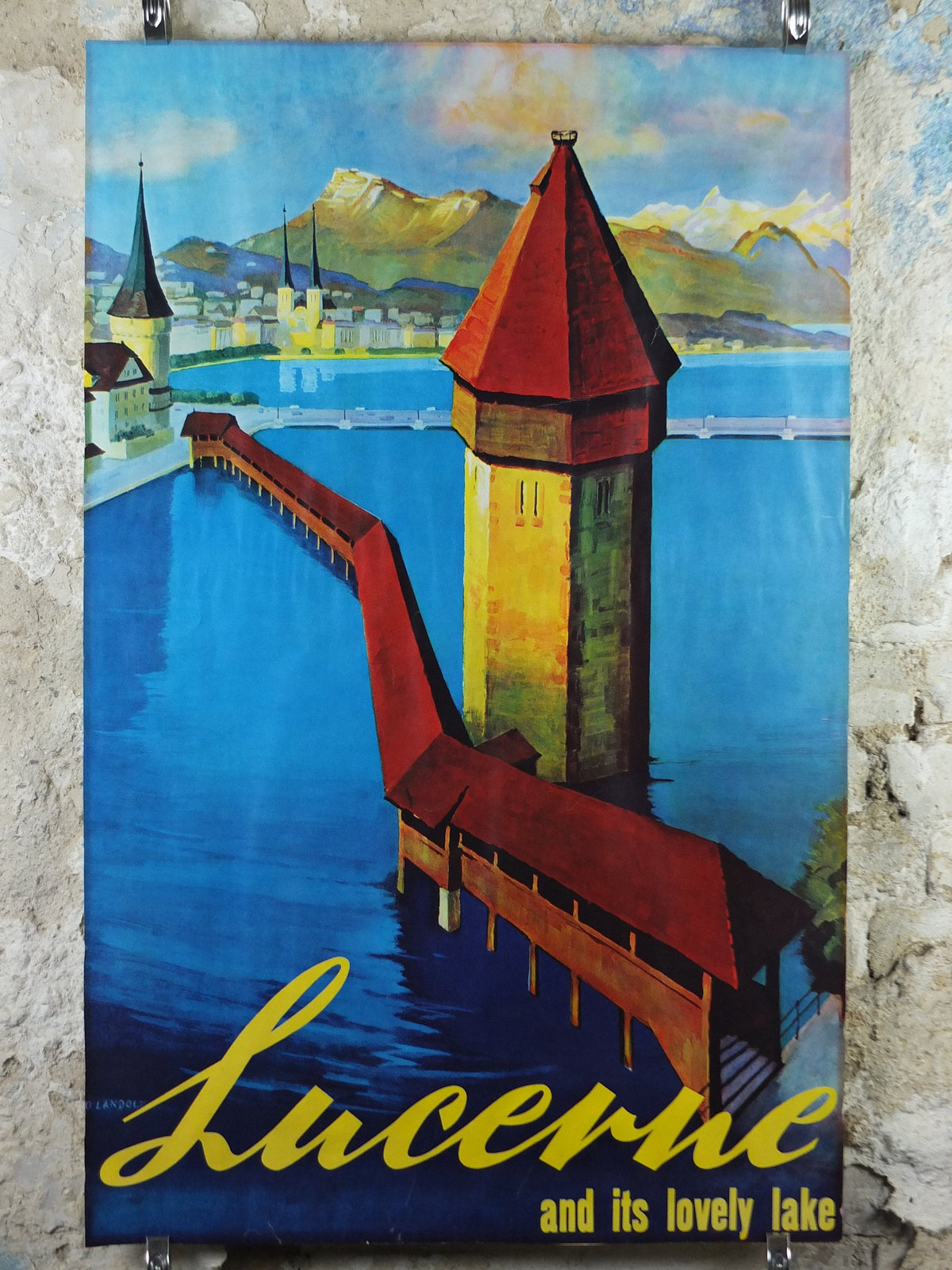 1930s Lucerne Poster, Switzerland, Lake, Kapellbrücke covered bridge, River Reuss, by Otto Landolt, Travel tourism vacation wall art decor