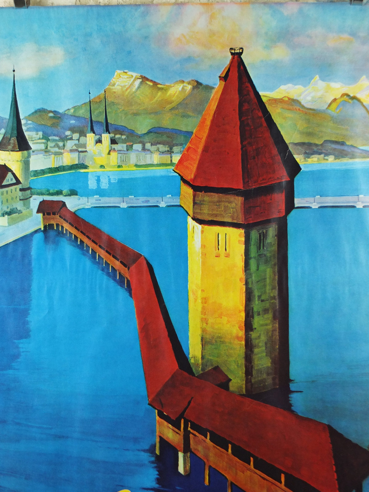 1930s Lucerne Poster, Switzerland, Lake, Kapellbrücke covered bridge, River Reuss, by Otto Landolt, Travel tourism vacation wall art decor
