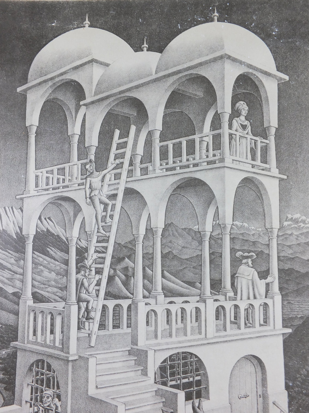 1958 Vintage M.C. Escher Poster, Belvedere, Surrealism Dutch print from Cordon Art from Baarn Holland, wall art decor