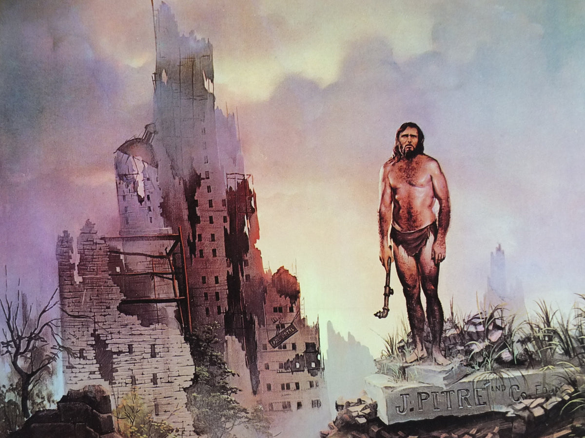 1973 John Pitre Poster, A New Dawn from 1965, American visionary art painter and surrealist, caveman in ruined city, wall art decor