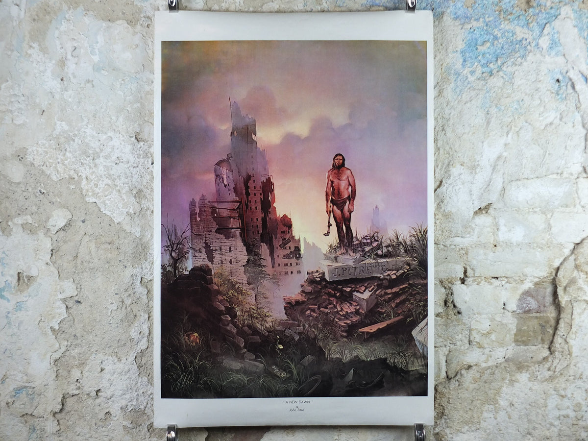 1973 John Pitre Poster, A New Dawn from 1965, American visionary art painter and surrealist, caveman in ruined city, wall art decor