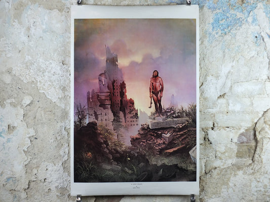 1973 John Pitre Poster, A New Dawn from 1965, American visionary art painter and surrealist, caveman in ruined city, wall art decor
