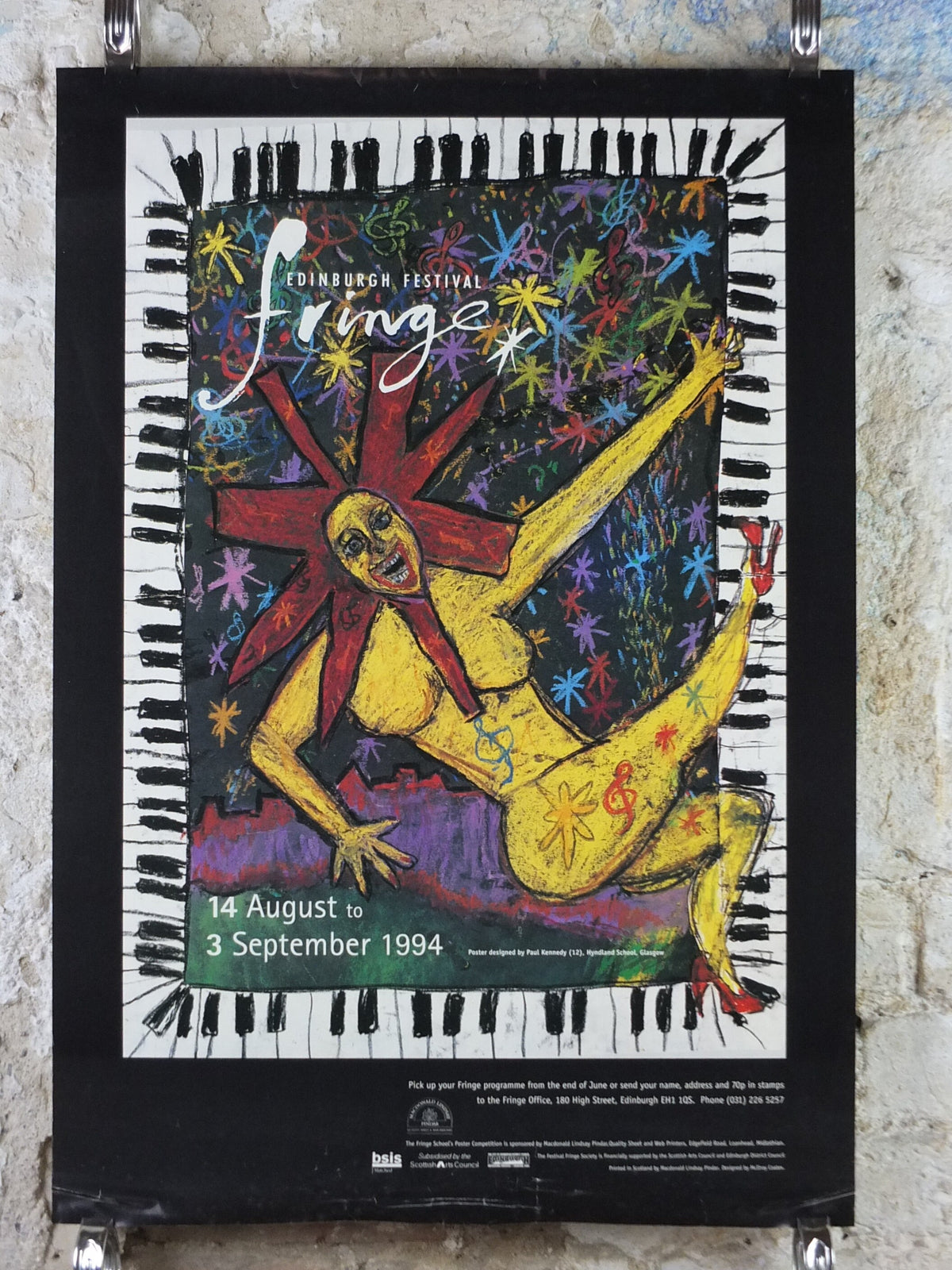 1994 Edinburgh Festival Fringe Poster, Arts Festival, dancing girl, sun, piano, artwork by Paul Kennedy, wall art decor