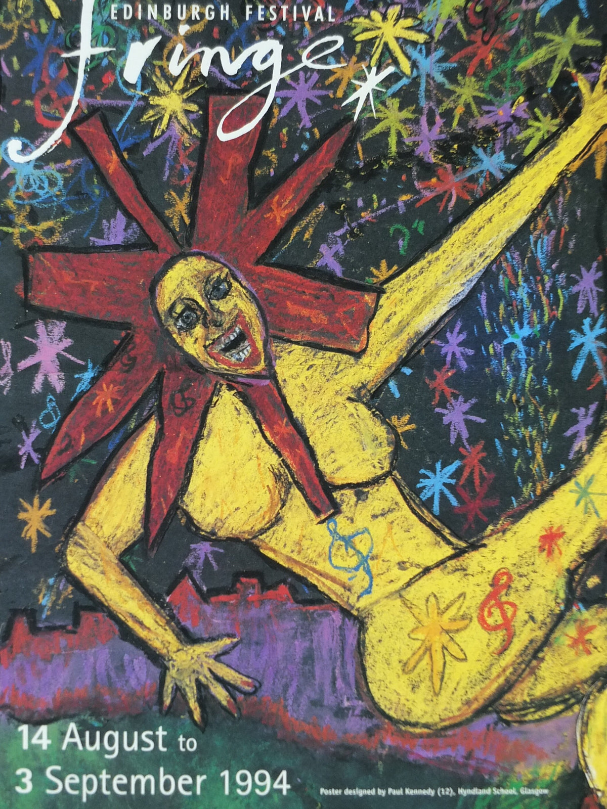 1994 Edinburgh Festival Fringe Poster, Arts Festival, dancing girl, sun, piano, artwork by Paul Kennedy, wall art decor