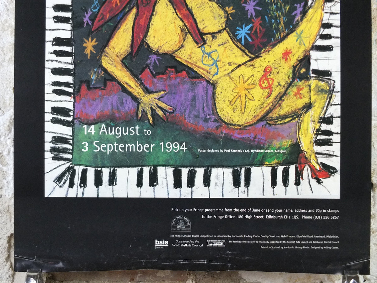 1994 Edinburgh Festival Fringe Poster, Arts Festival, dancing girl, sun, piano, artwork by Paul Kennedy, wall art decor