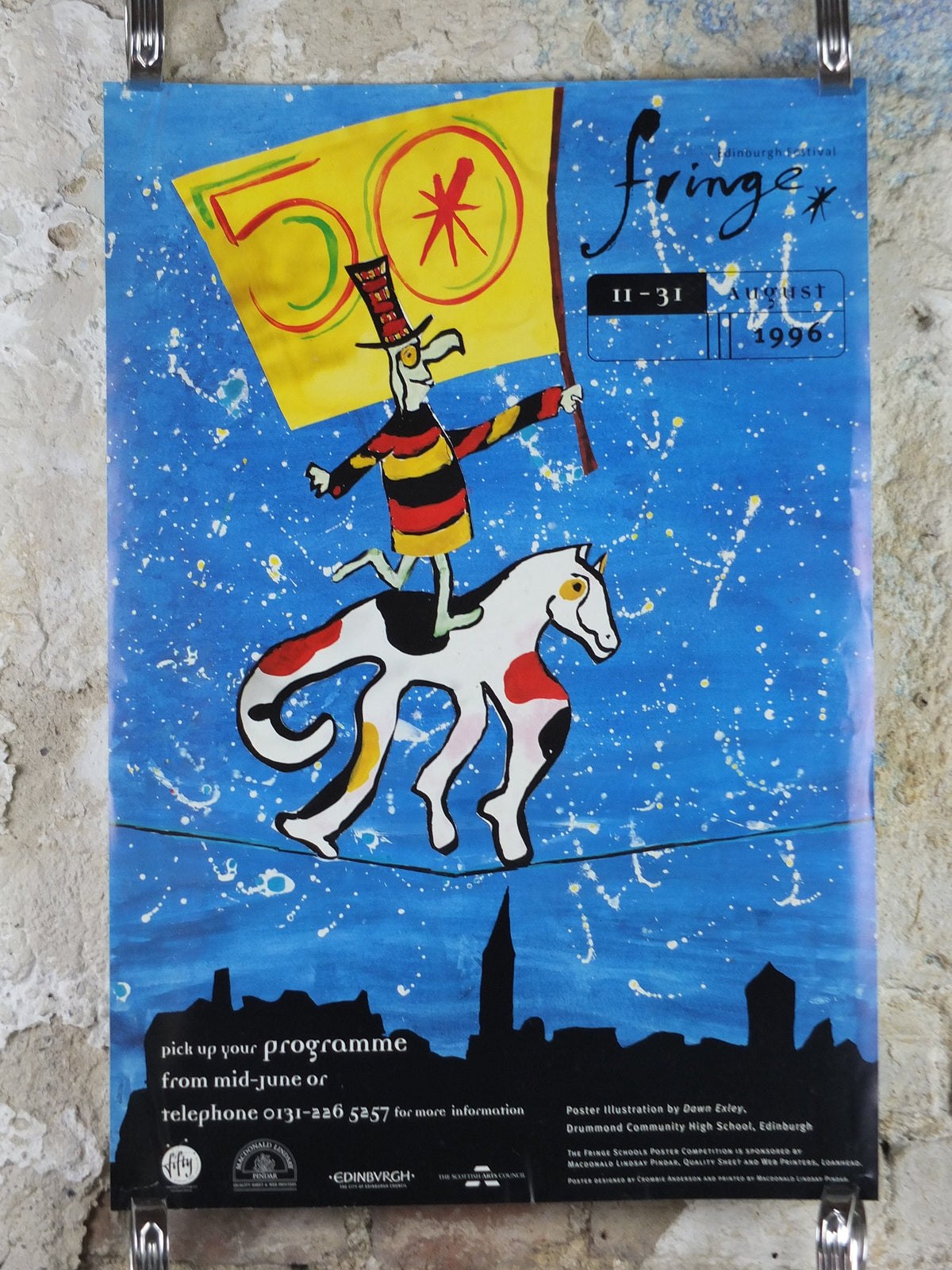 1996 Edinburgh Festival Fringe Poster, Arts Festival, man and horse on tightrope, artwork by Dawn Exley, wall art decor