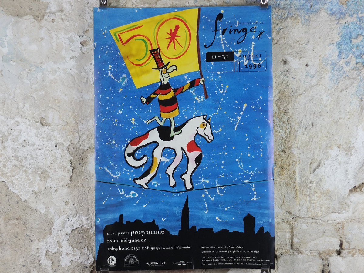 1996 Edinburgh Festival Fringe Poster, Arts Festival, man and horse on tightrope, artwork by Dawn Exley, wall art decor