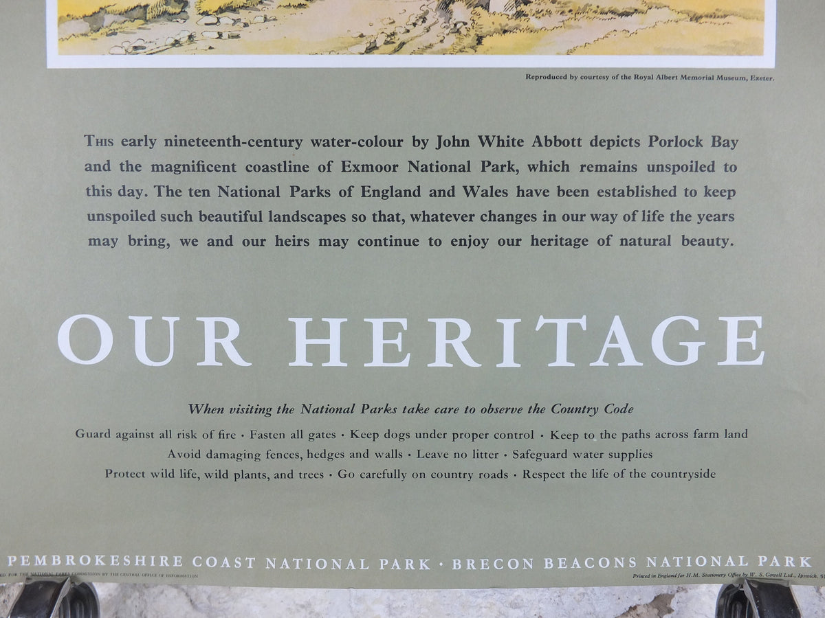 1965 Exmoor National Park Poster, John White Abbott, Porlock Bay, Travel and Tourism, walking trail, wall art decor