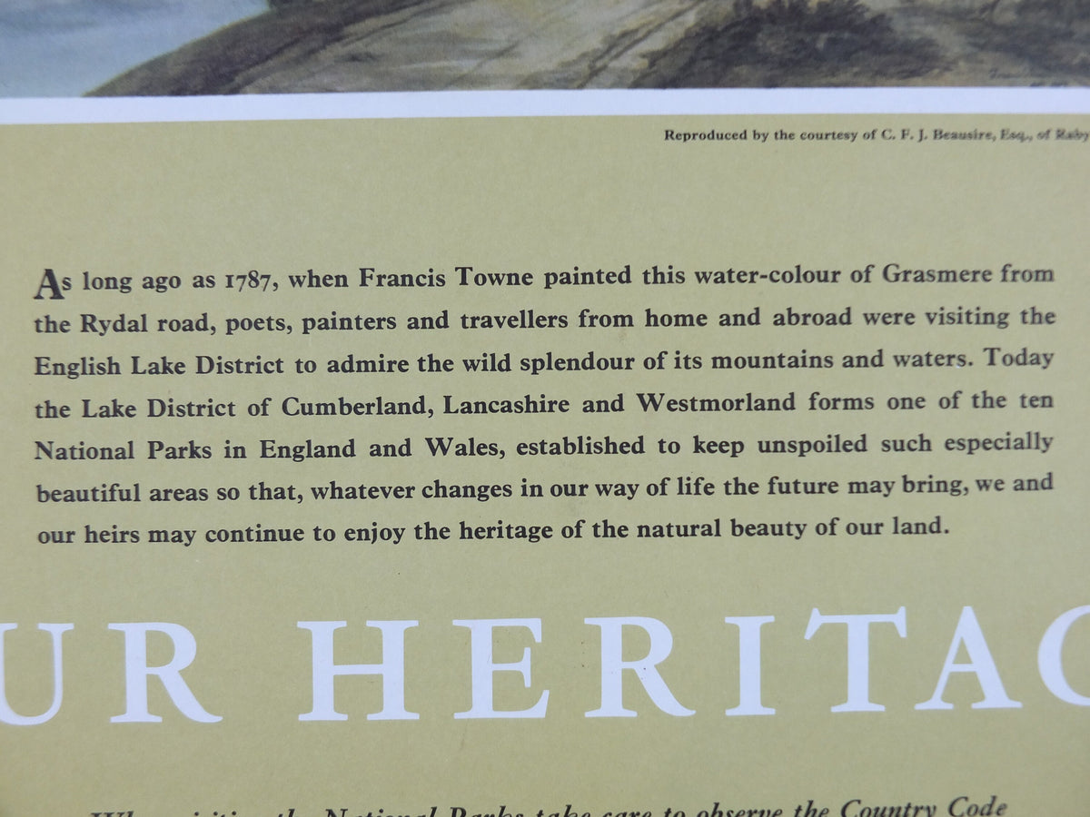 1965 Lake District National Park Poster, Francis Towne, Grasmere from the Rydal road, Travel and Tourism, walking trail, wall art decor