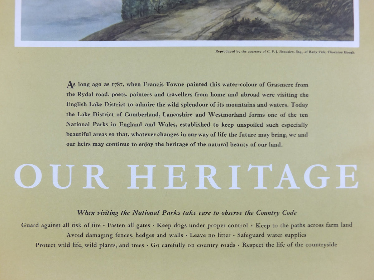 1965 Lake District National Park Poster, Francis Towne, Grasmere from the Rydal road, Travel and Tourism, walking trail, wall art decor