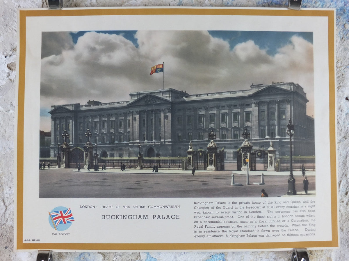 1940s Vintage Buckingham Palace Poster, World War 2, WW2, London - Heart of the British Commonwealth, original print, retro wall art decor