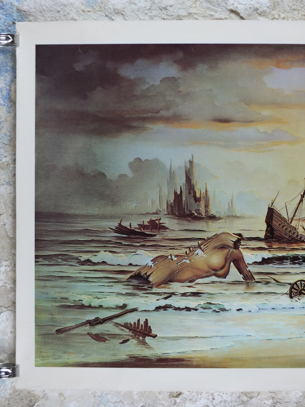 1973 John Pitre Poster, Tomorrow, American visionary art painter and surrealist, post apocolyptic world, ruins and cavemen, wall art decor