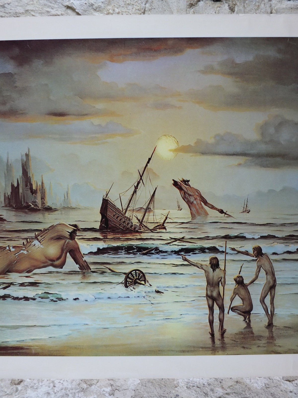 1973 John Pitre Poster, Tomorrow, American visionary art painter and surrealist, post apocolyptic world, ruins and cavemen, wall art decor