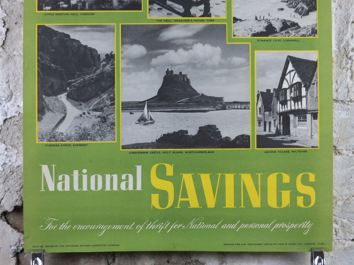 1948 Original National Savings Poster, The National Trust, Bodium Castle, Cheddar Gorge, Lindisfarne Castle, England, wall art retro decor