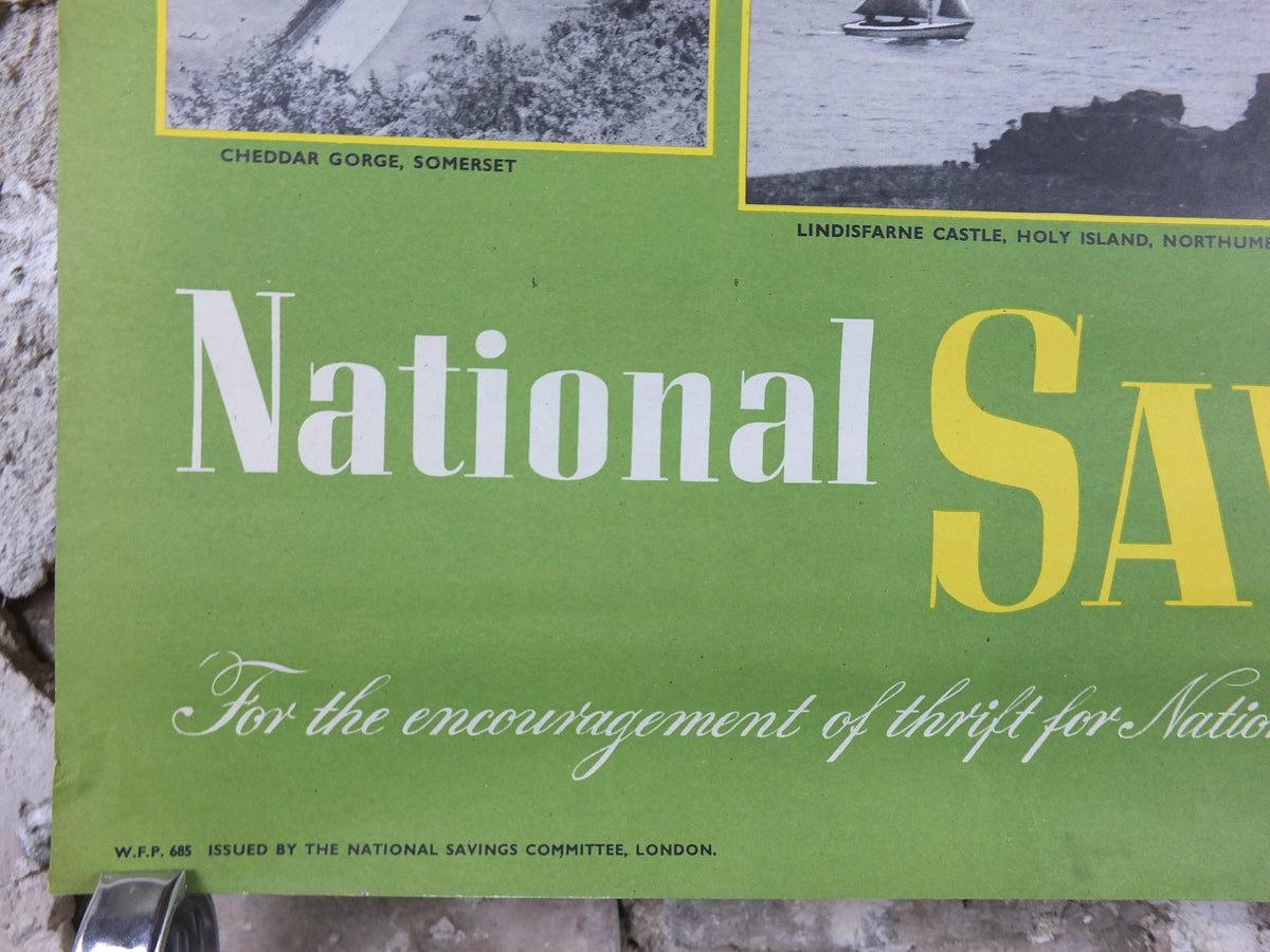 1948 Original National Savings Poster, The National Trust, Bodium Castle, Cheddar Gorge, Lindisfarne Castle, England, wall art retro decor