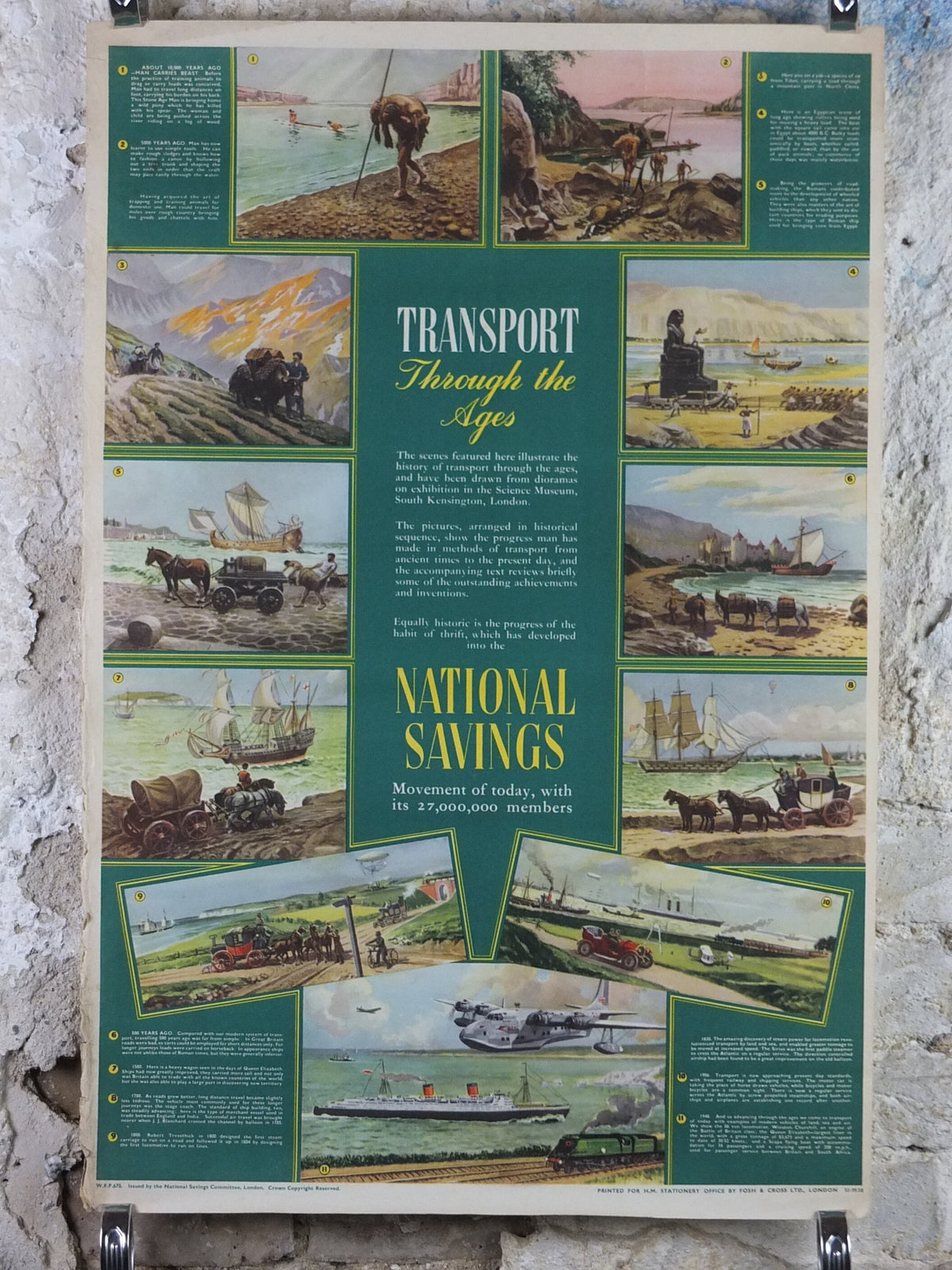 1948 Original National Savings Poster, Planes, Trains, Automobiles, Transport through the Ages, England, wall art retro decor