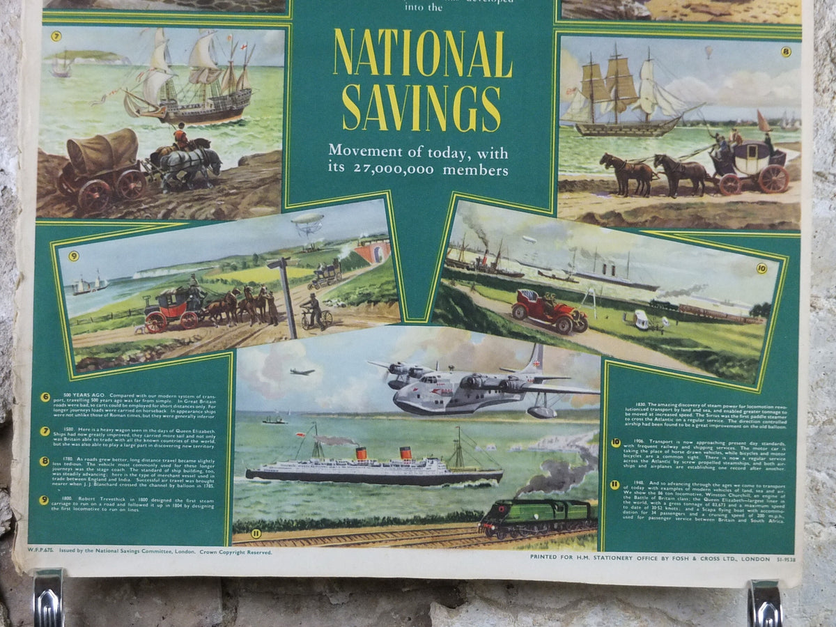 1948 Original National Savings Poster, Planes, Trains, Automobiles, Transport through the Ages, England, wall art retro decor