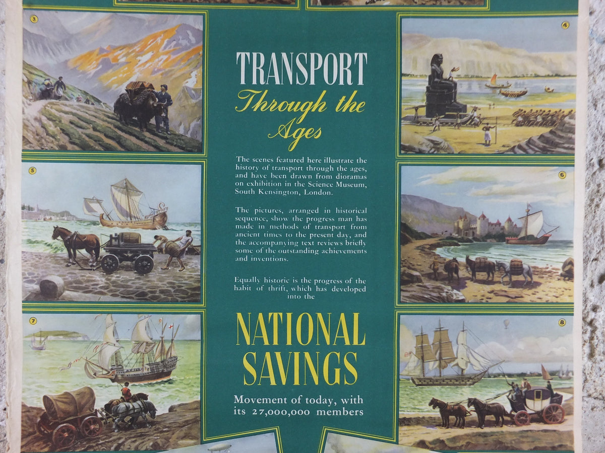 1948 Original National Savings Poster, Planes, Trains, Automobiles, Transport through the Ages, England, wall art retro decor