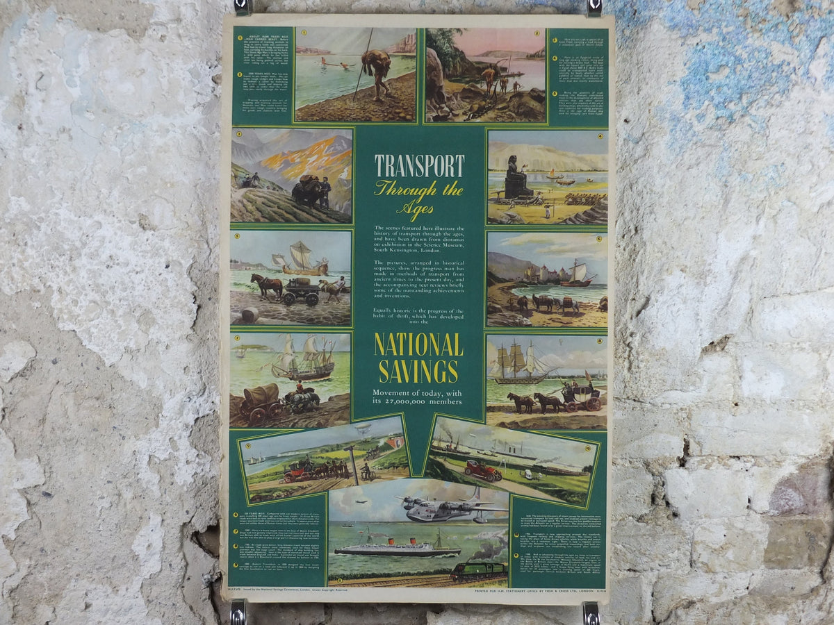 1948 Original National Savings Poster, Planes, Trains, Automobiles, Transport through the Ages, England, wall art retro decor