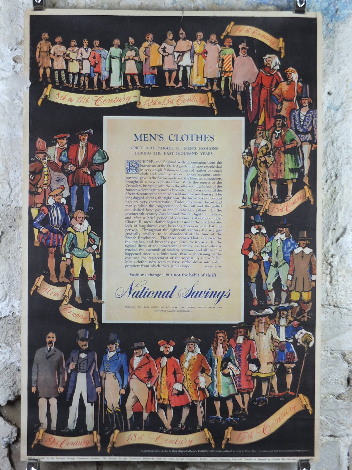 1948 Original National Savings Poster, historical costumes, mens fashion through the years, England, wall art retro decor