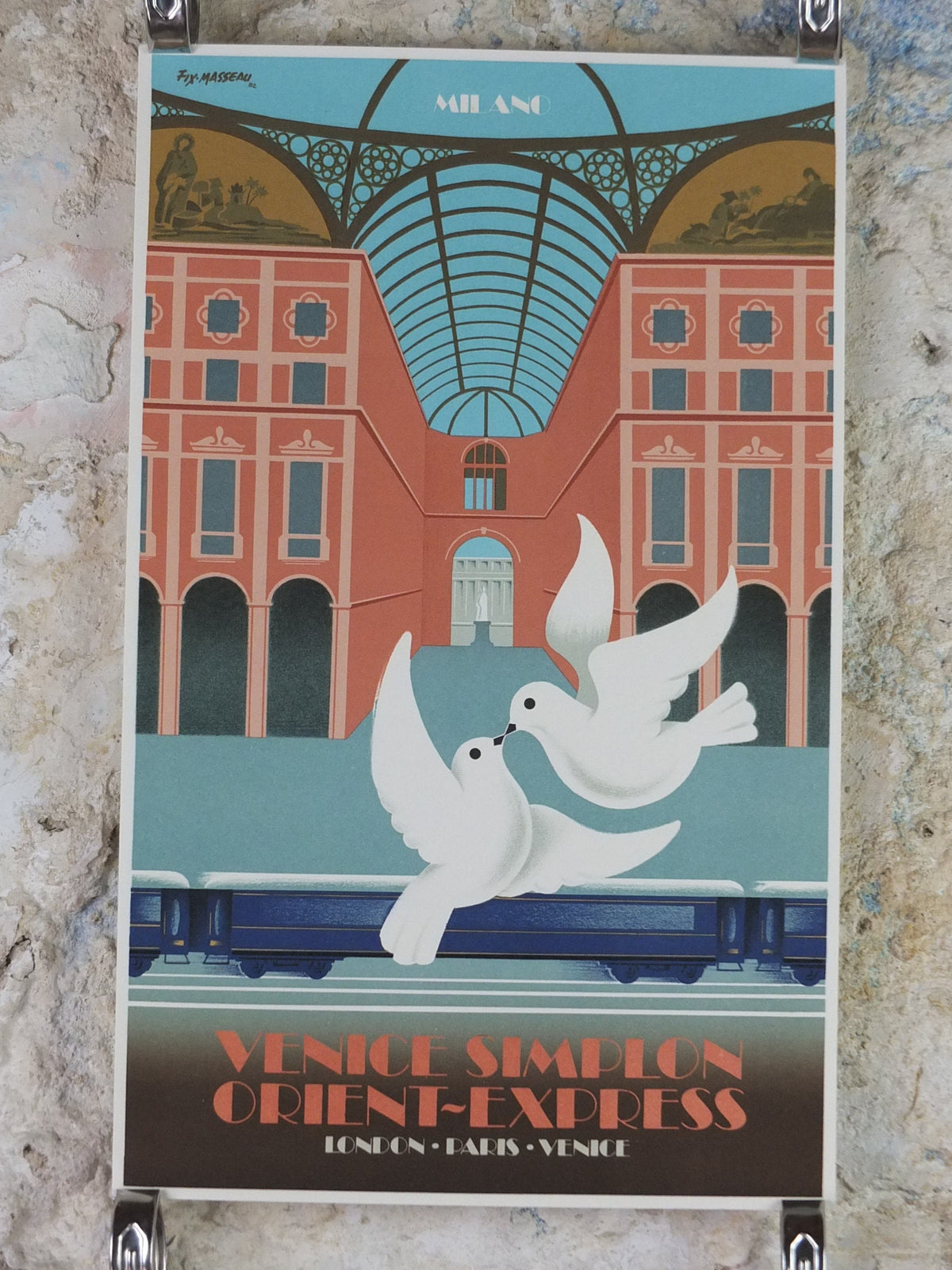 Original Venice Simplon Orient Express Poster, Milan by Fix Masseau, Doves, 1985 limited edition of 200, train, art deco, wall art decor