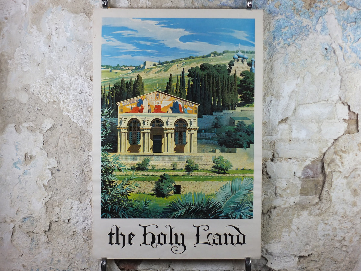 1960s The Holy Land Poster, Jerusalem, Church of All Nations in Gethsemane Garden by Conger Metcalf, Travel tourism vacation wall art decor