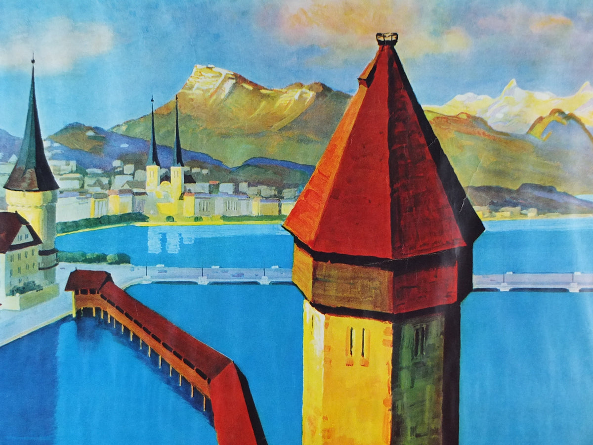 1930s Lucerne Poster, Switzerland, Lake, Kapellbrücke covered bridge, River Reuss, by Otto Landolt, Travel tourism vacation wall art decor