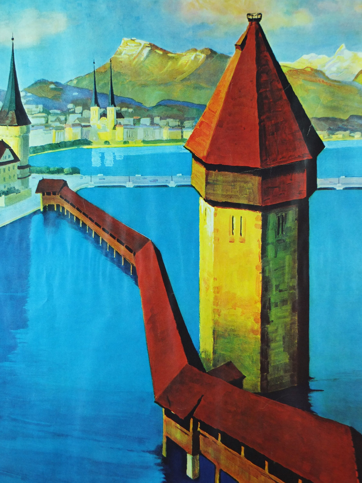 1930s Lucerne Poster, Switzerland, Lake, Kapellbrücke covered bridge, River Reuss, by Otto Landolt, Travel tourism vacation wall art decor