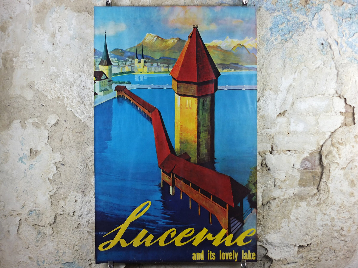 1930s Lucerne Poster, Switzerland, Lake, Kapellbrücke covered bridge, River Reuss, by Otto Landolt, Travel tourism vacation wall art decor