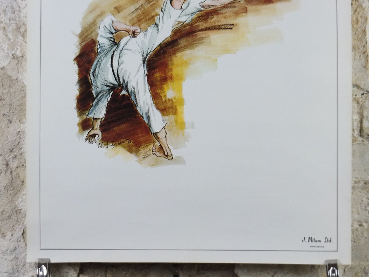 Vintage Karate Poster, Martial Arts showing a flying kick from J Milom, Manchester, Dojo sport, wall art decor 1960s