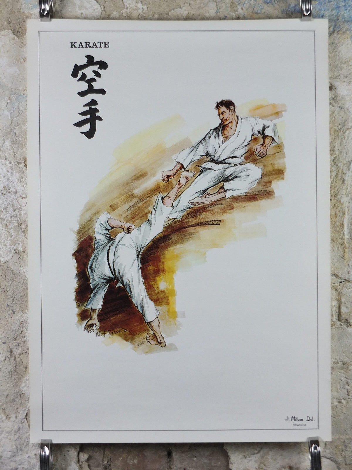 Vintage Karate Poster, Martial Arts showing a flying kick from J Milom, Manchester, Dojo sport, wall art decor 1960s