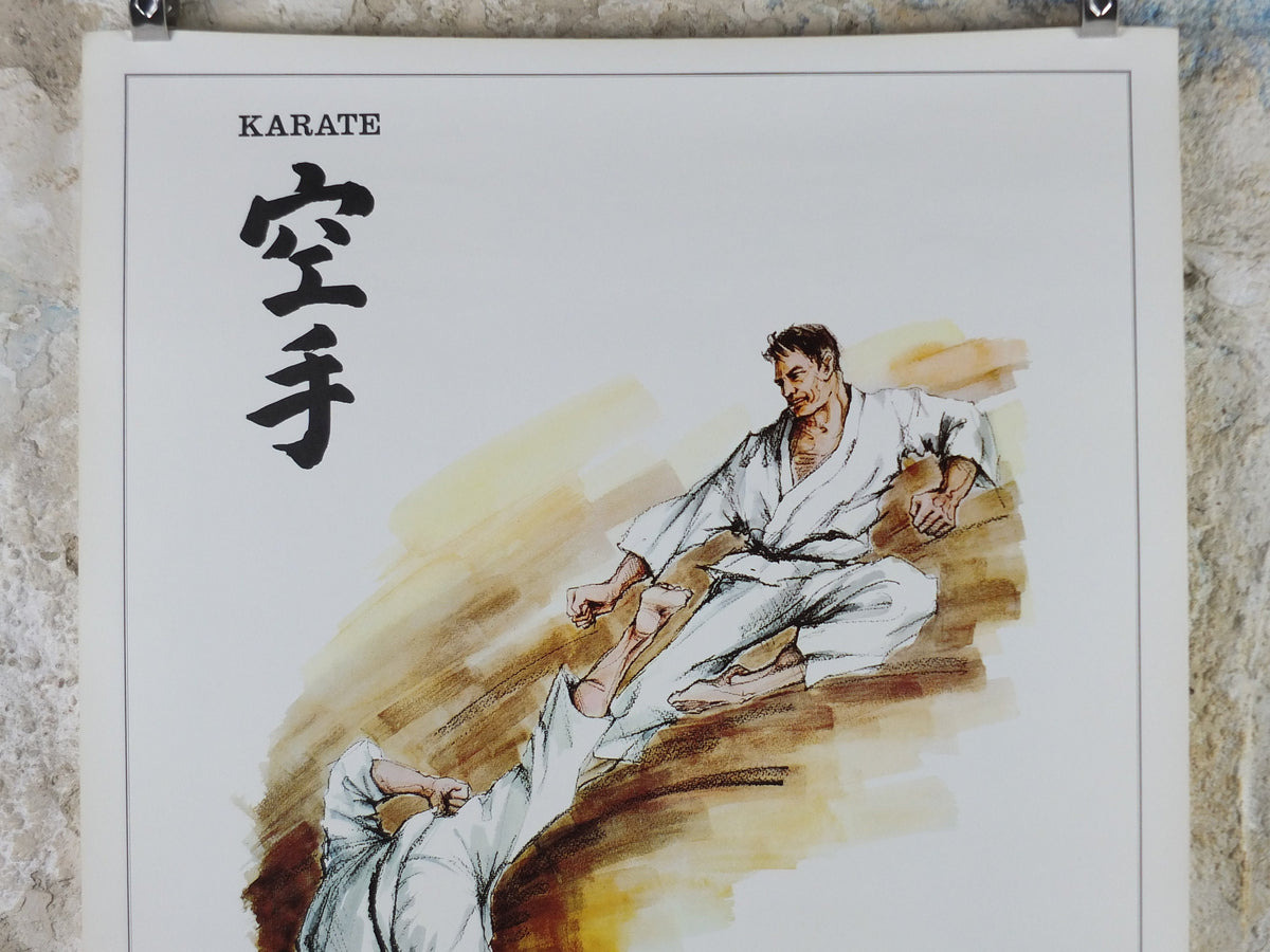 Vintage Karate Poster, Martial Arts showing a flying kick from J Milom, Manchester, Dojo sport, wall art decor 1960s