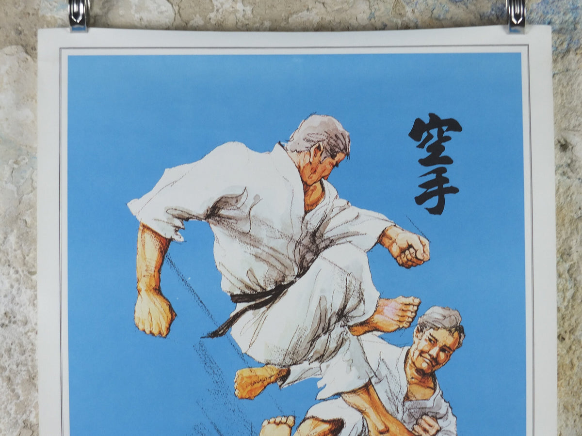 Vintage Karate Poster, Martial Arts showing a flying kick from J Milom, Manchester, Dojo sport, wall art decor 1960s