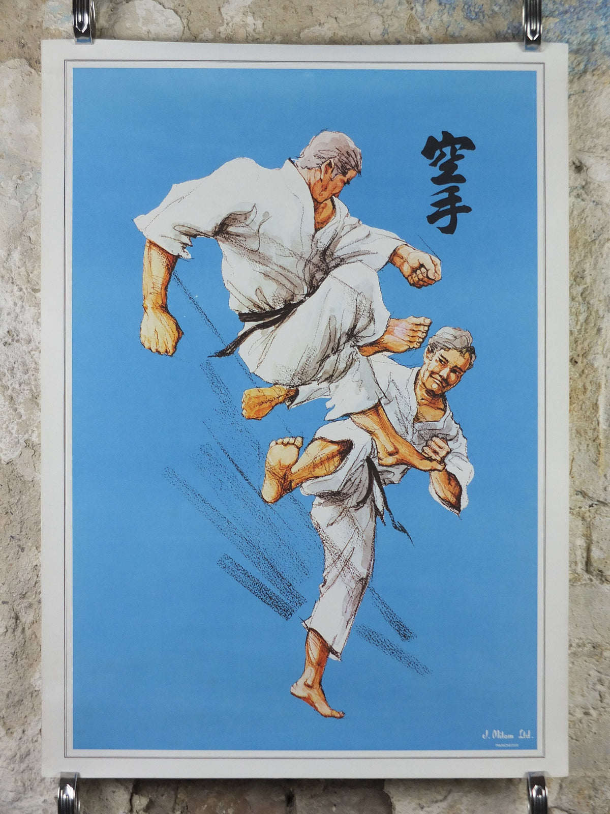 Vintage Karate Poster, Martial Arts showing a flying kick from J Milom, Manchester, Dojo sport, wall art decor 1960s