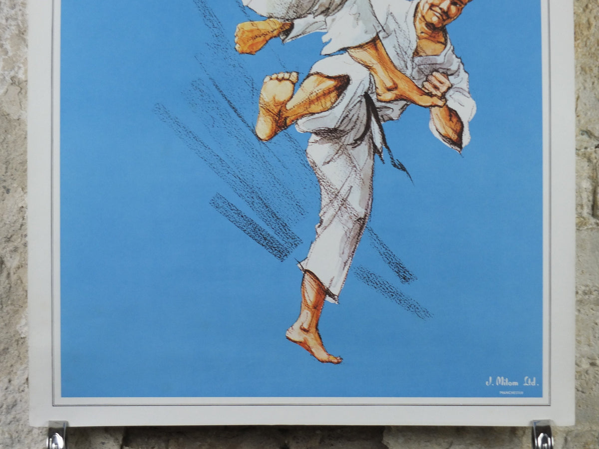 Vintage Karate Poster, Martial Arts showing a flying kick from J Milom, Manchester, Dojo sport, wall art decor 1960s