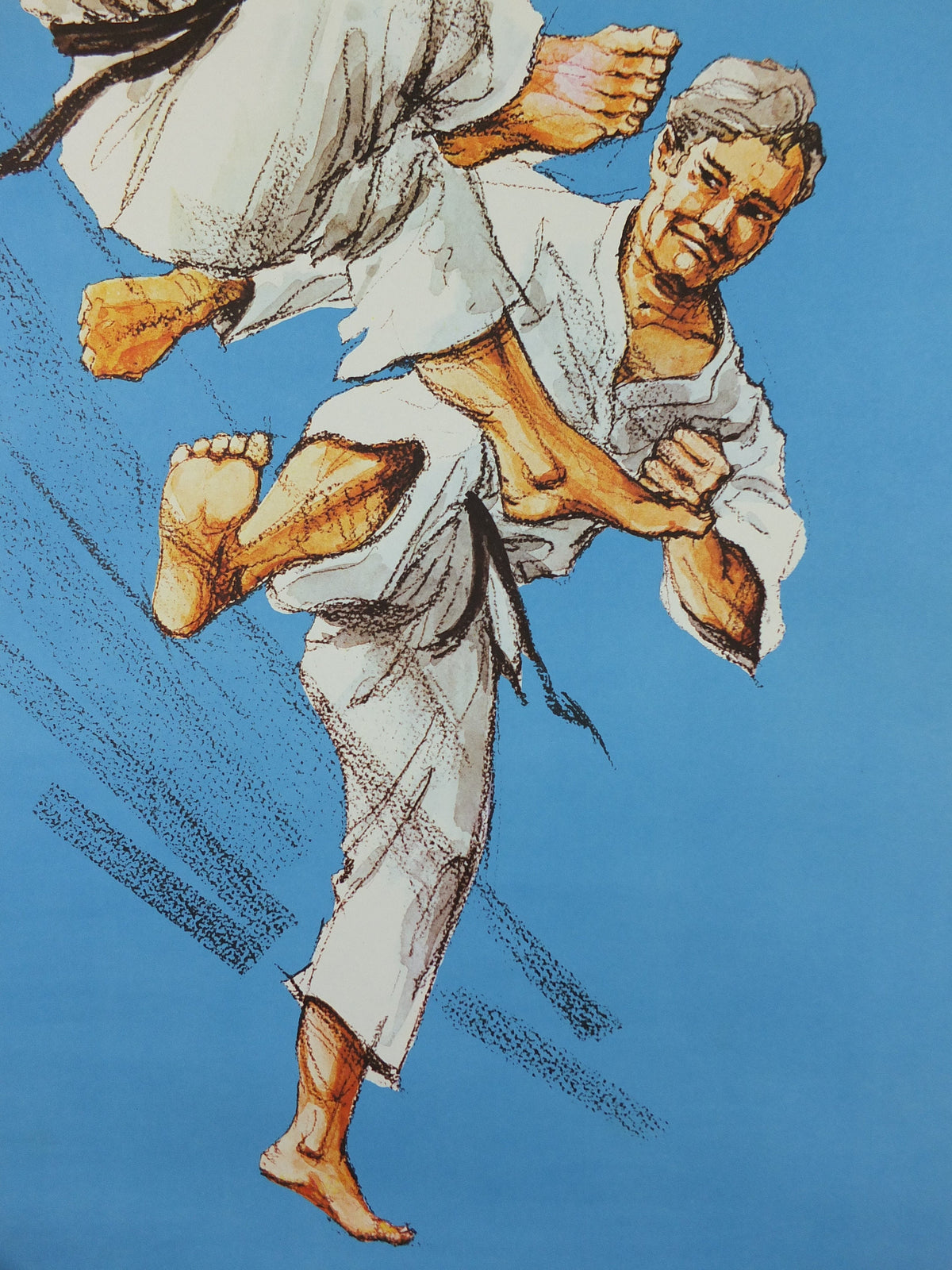 Vintage Karate Poster, Martial Arts showing a flying kick from J Milom, Manchester, Dojo sport, wall art decor 1960s