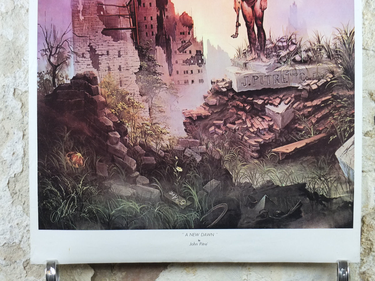 1973 John Pitre Poster, A New Dawn from 1965, American visionary art painter and surrealist, caveman in ruined city, wall art decor