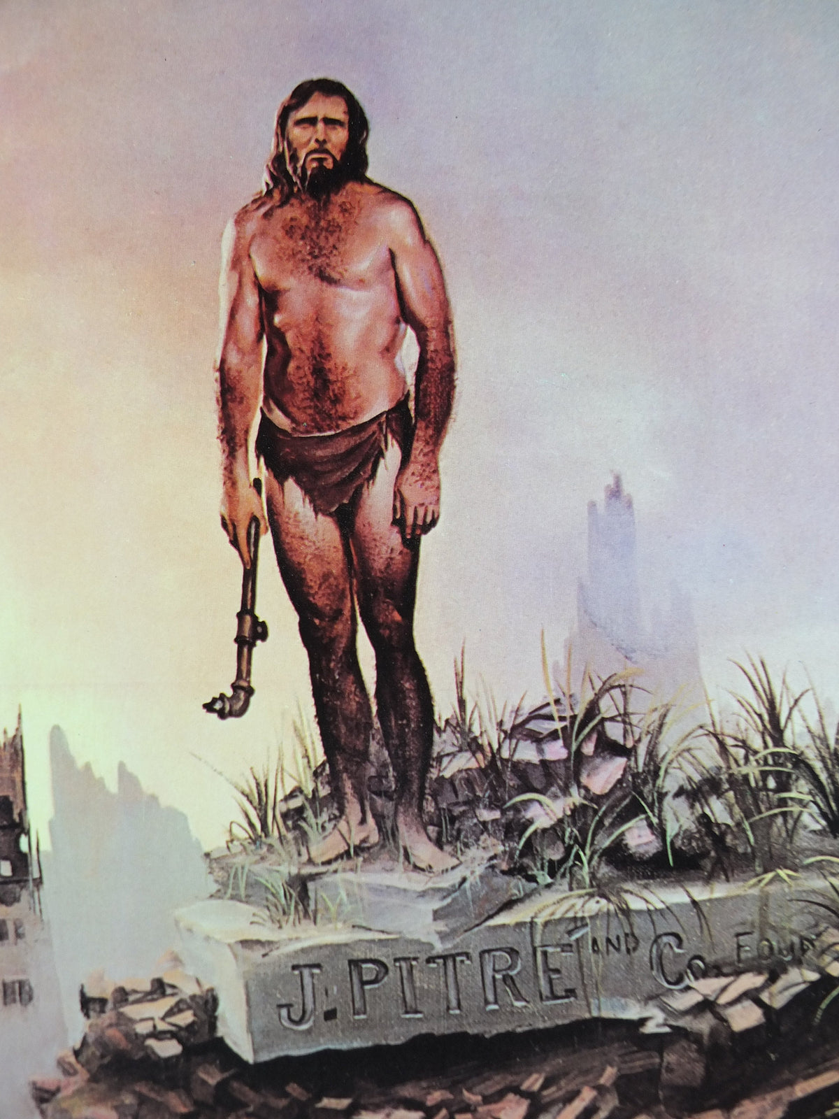 1973 John Pitre Poster, A New Dawn from 1965, American visionary art painter and surrealist, caveman in ruined city, wall art decor