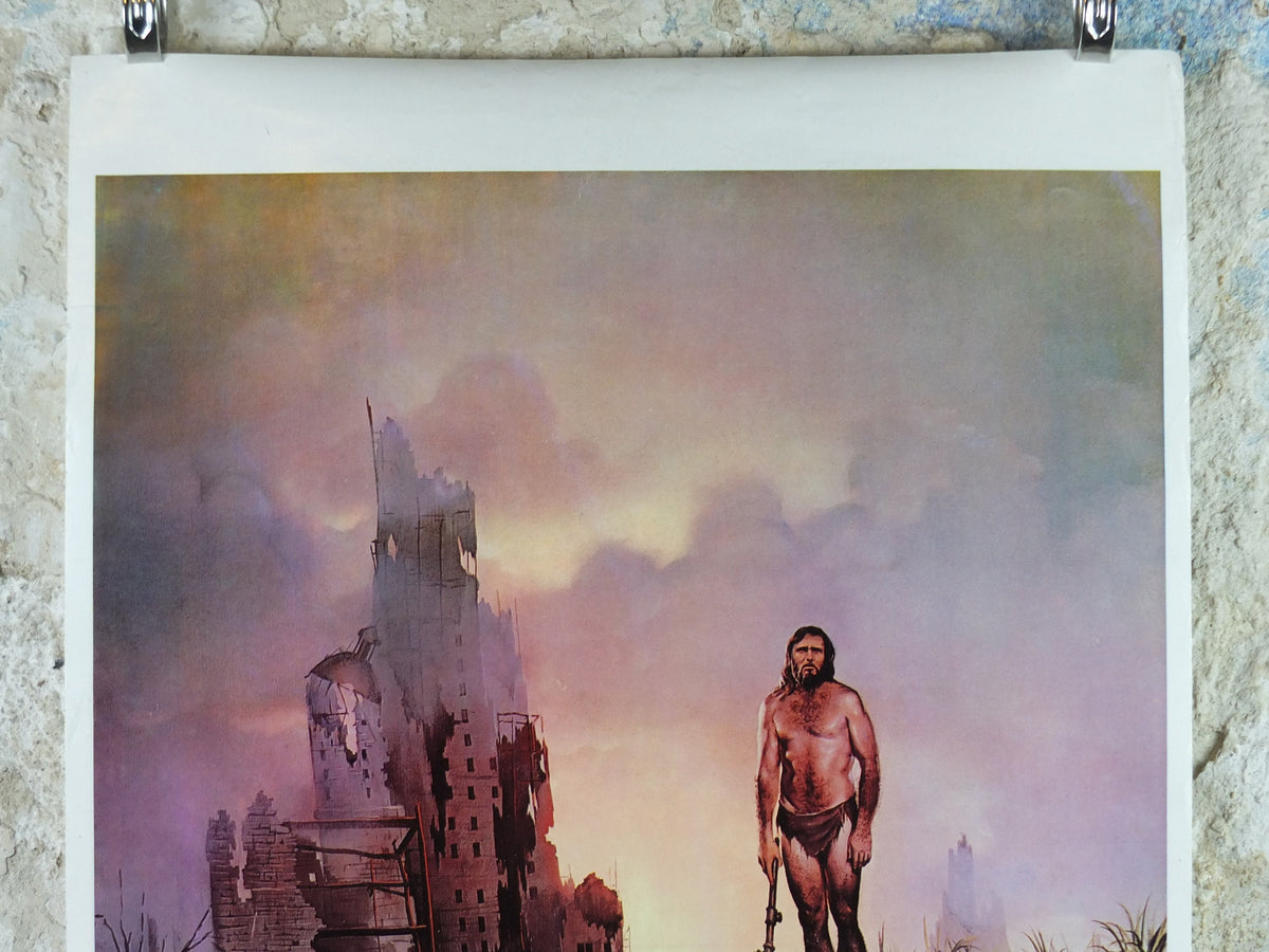 1973 John Pitre Poster, A New Dawn from 1965, American visionary art painter and surrealist, caveman in ruined city, wall art decor